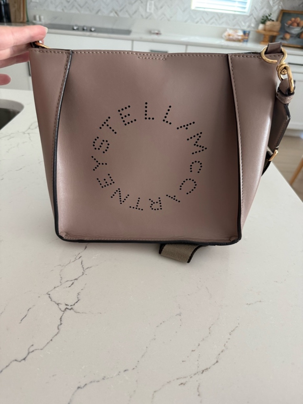 Stella McCartney Eco Alter Nappa Perforated Logo Mini Crossbody Dark Taupe